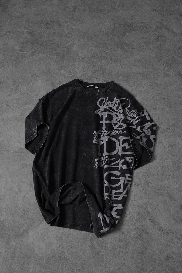 Men's Anthracite Graffiti Side Print Special Washed Fabric Oversize T-shirt
