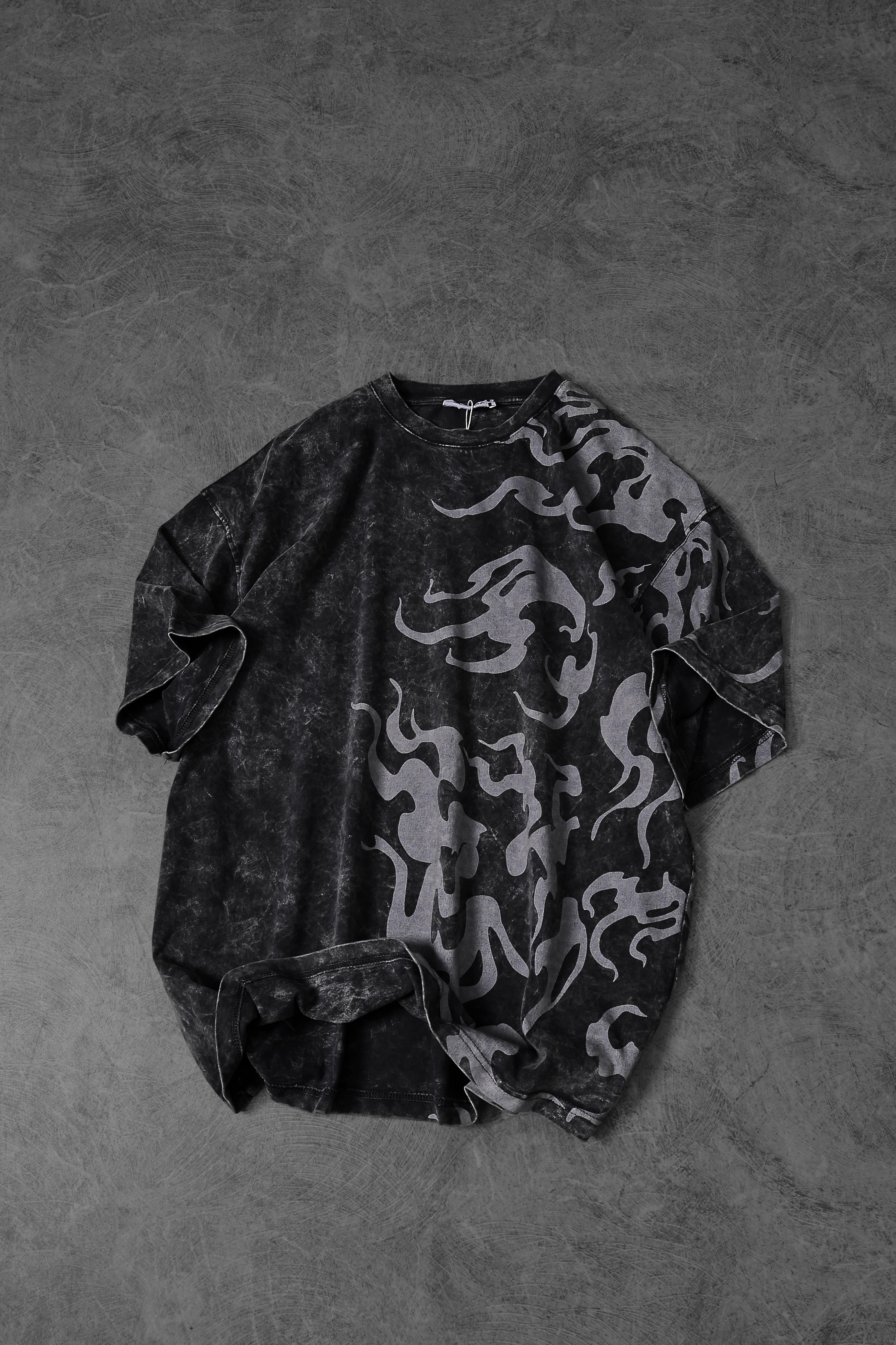 Men's Anthracite Printed Side Print Special Washed Fabric Oversize T-shirt