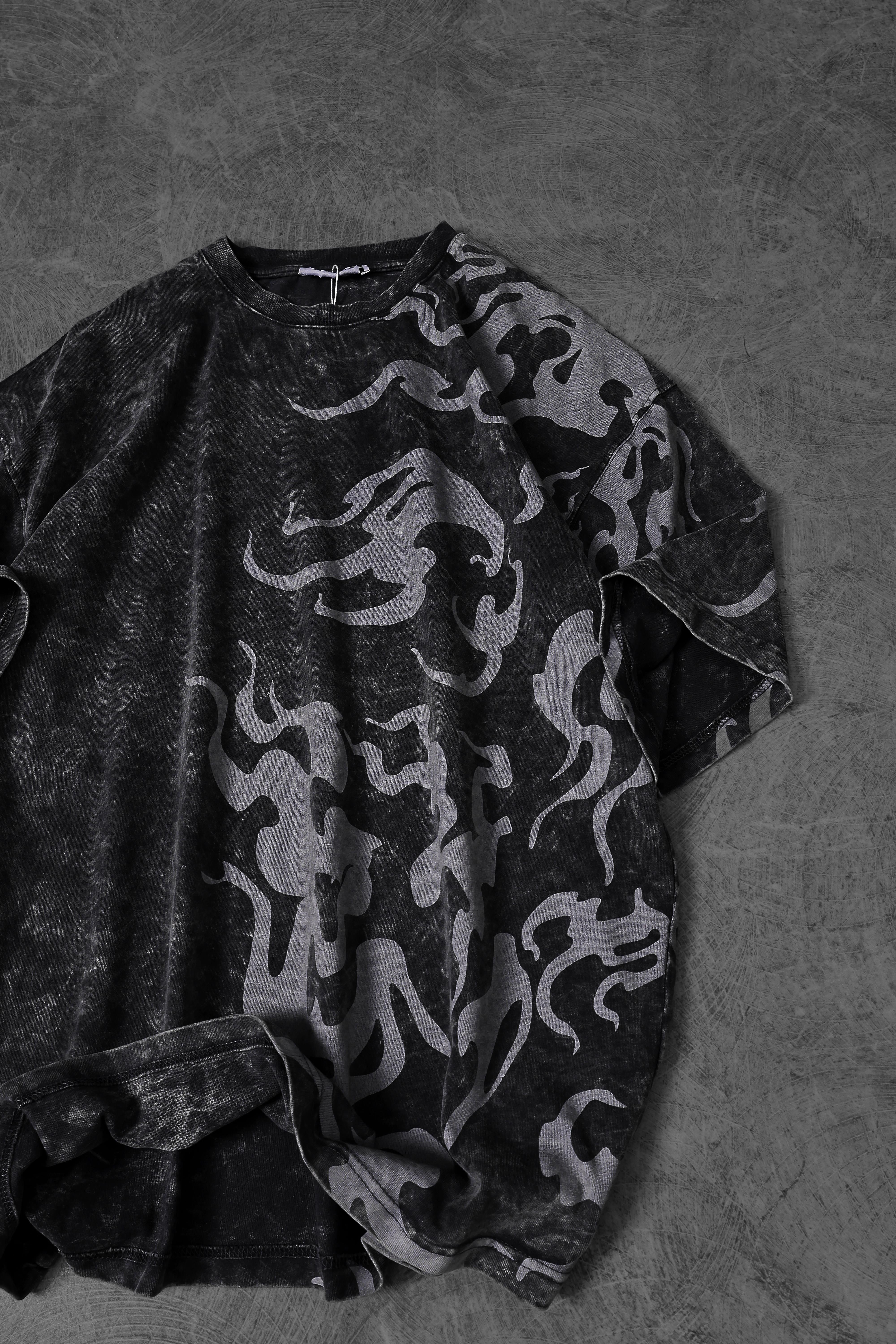 Men's Anthracite Printed Side Print Special Washed Fabric Oversize T-shirt