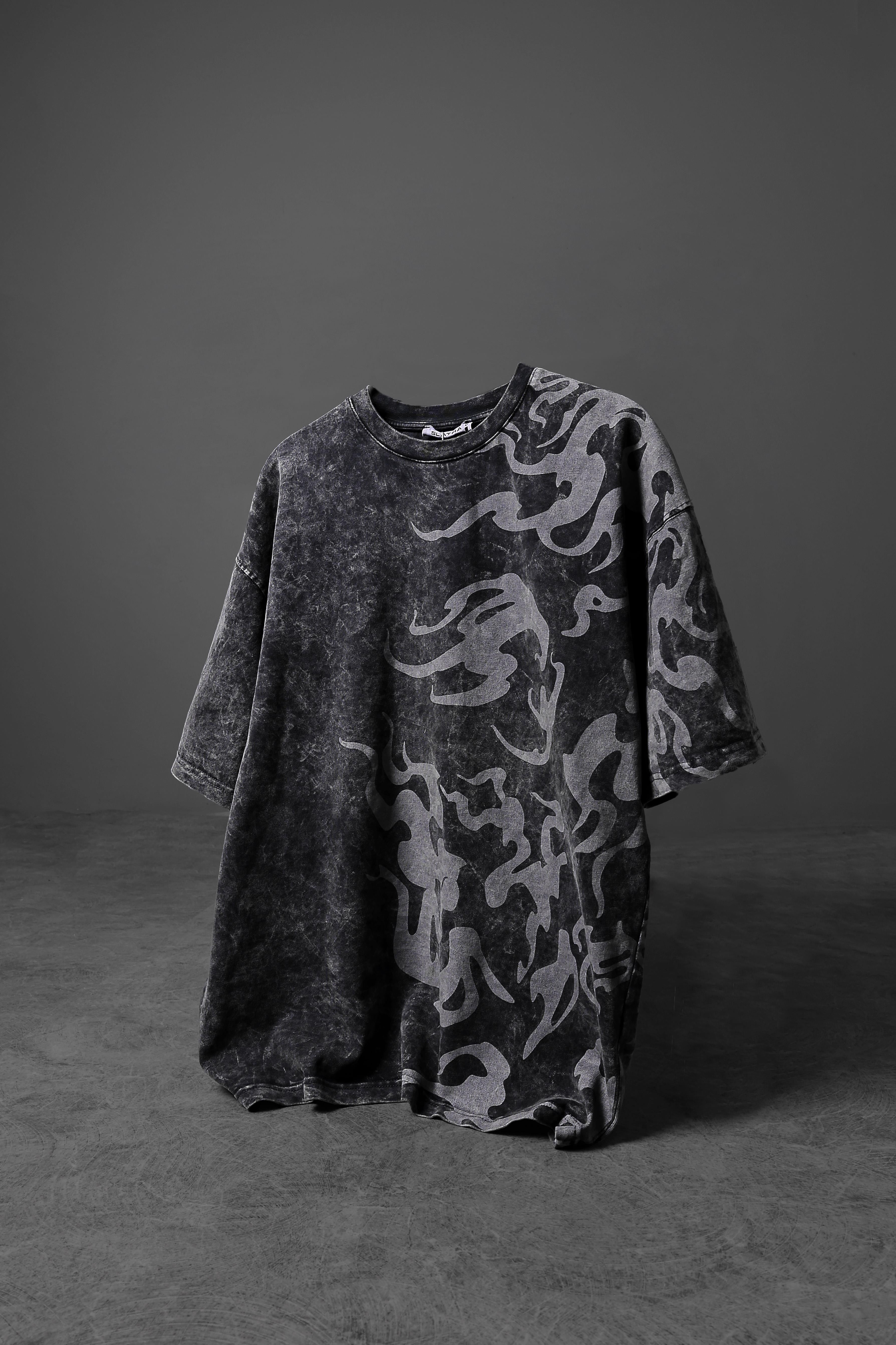 Men's Anthracite Printed Side Print Special Washed Fabric Oversize T-shirt